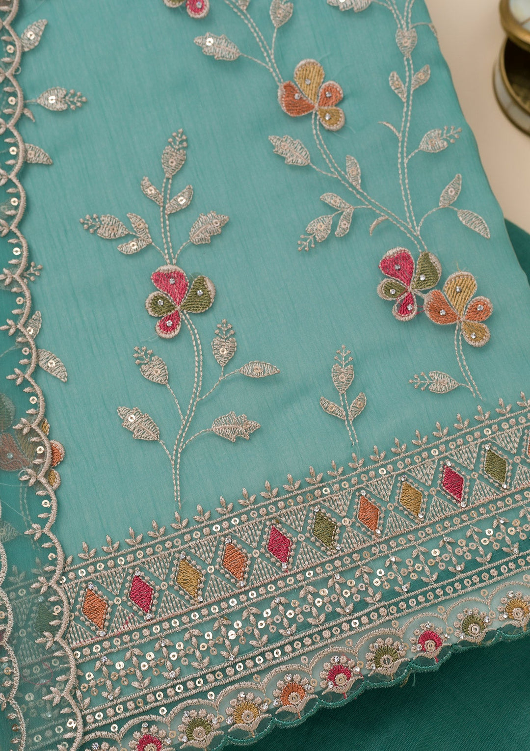 Sea Green Threadwork Tissue Unstitched Salwar Suit-Koskii