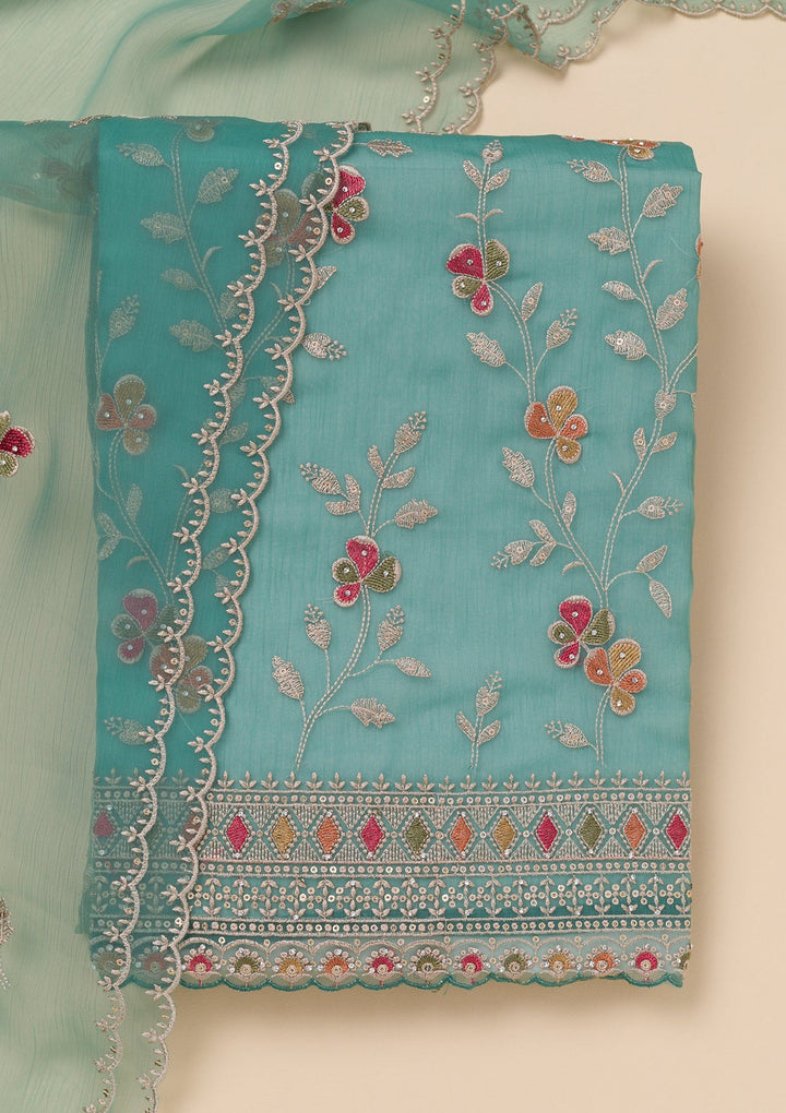 Sea Green Threadwork Tissue Unstitched Salwar Suit-Koskii
