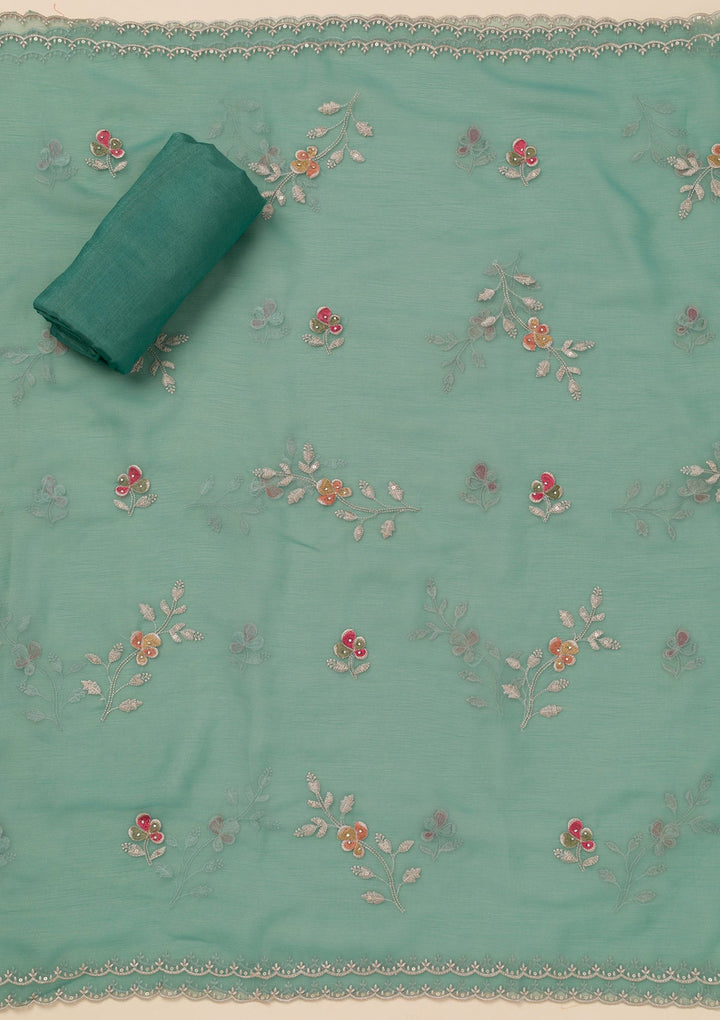 Sea Green Threadwork Tissue Unstitched Salwar Suit-Koskii