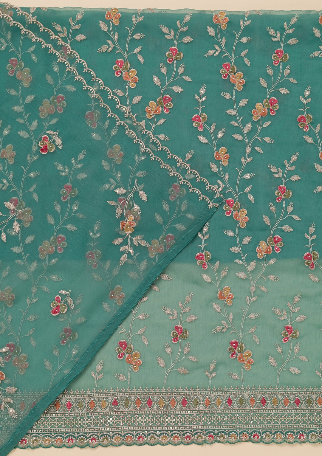 Sea Green Threadwork Tissue Unstitched Salwar Suit-Koskii