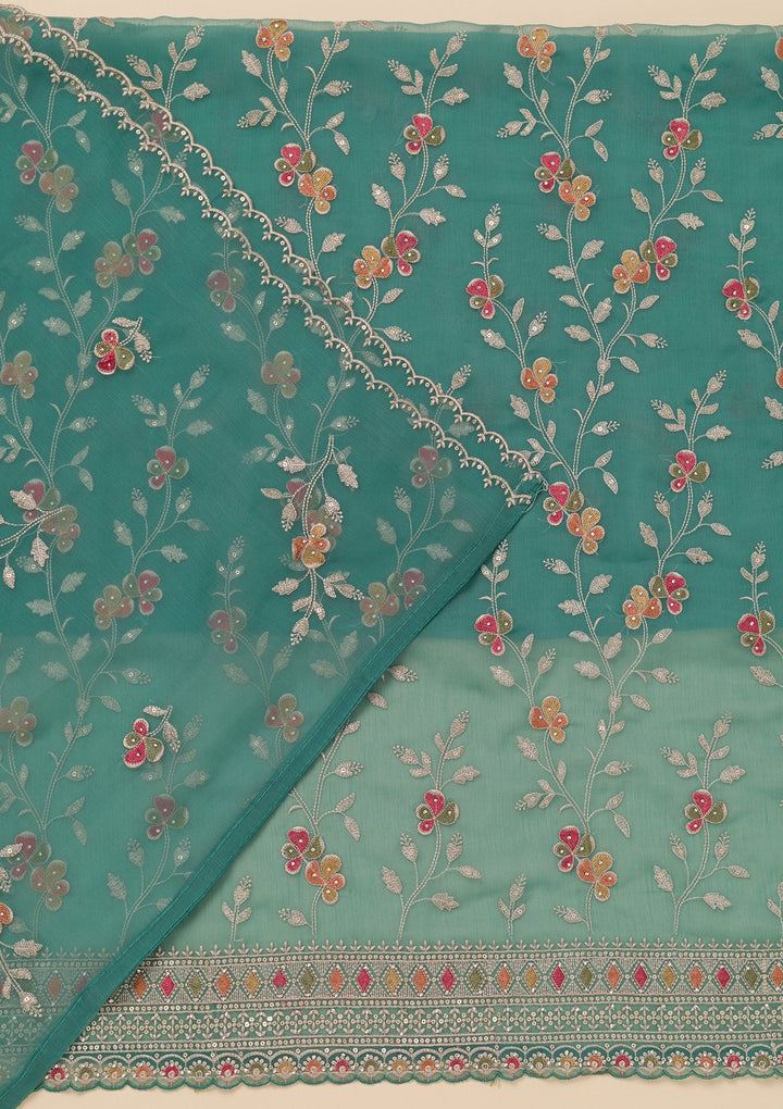 Sea Green Threadwork Tissue Unstitched Salwar Suit-Koskii