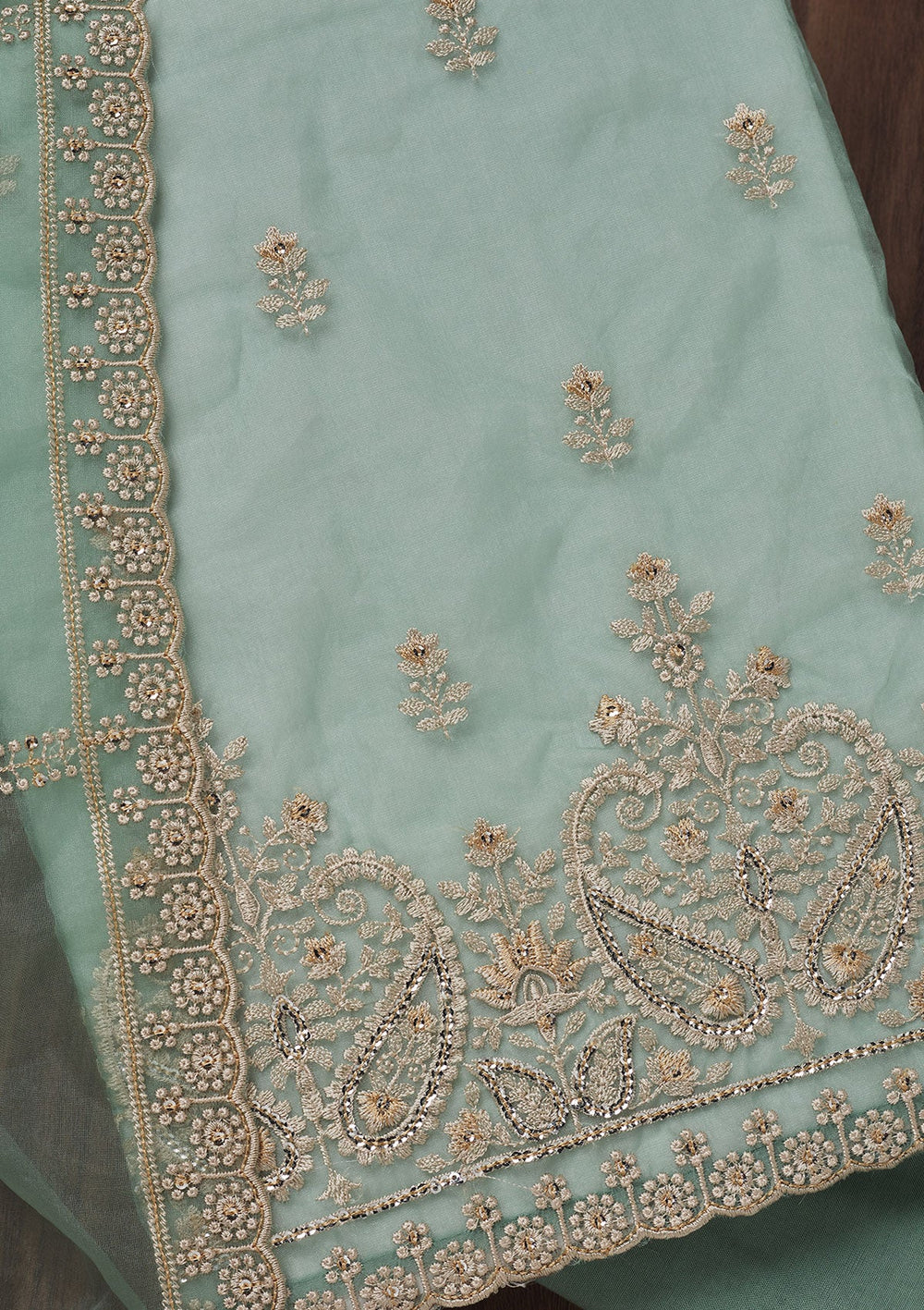 Sea Green Threadwork Tissue Unstitched Salwar Suit-Koskii
