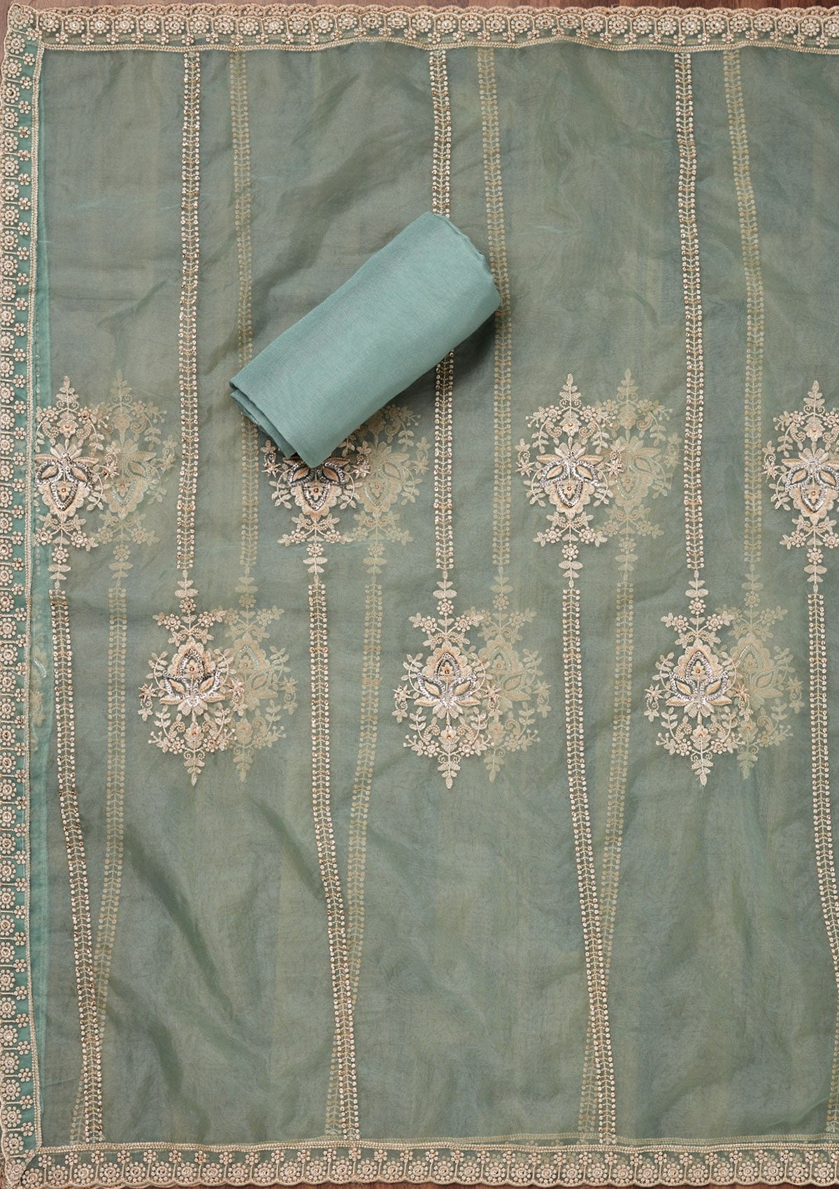 Sea Green Threadwork Tissue Unstitched Salwar Suit-Koskii