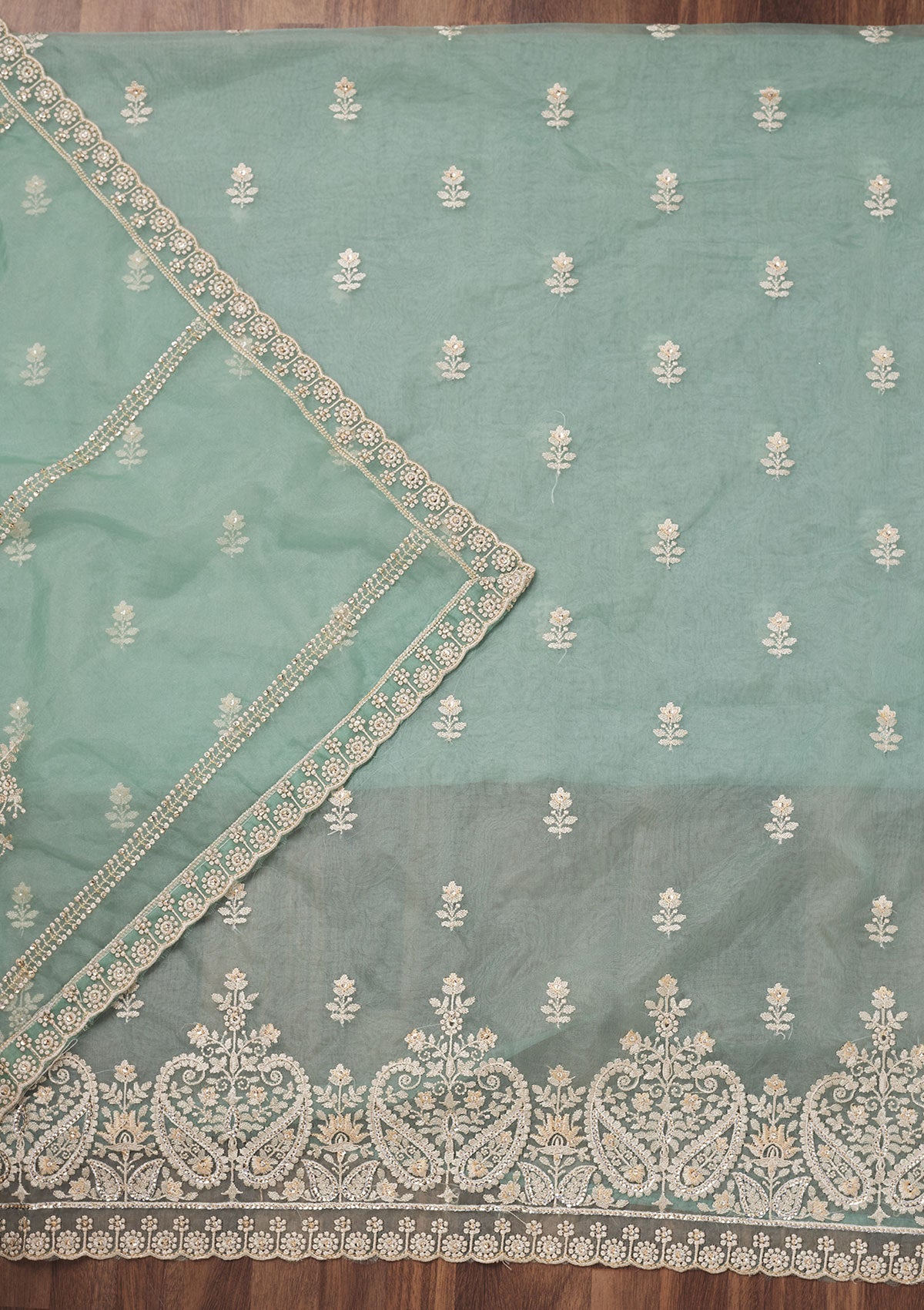 Sea Green Threadwork Tissue Unstitched Salwar Suit-Koskii