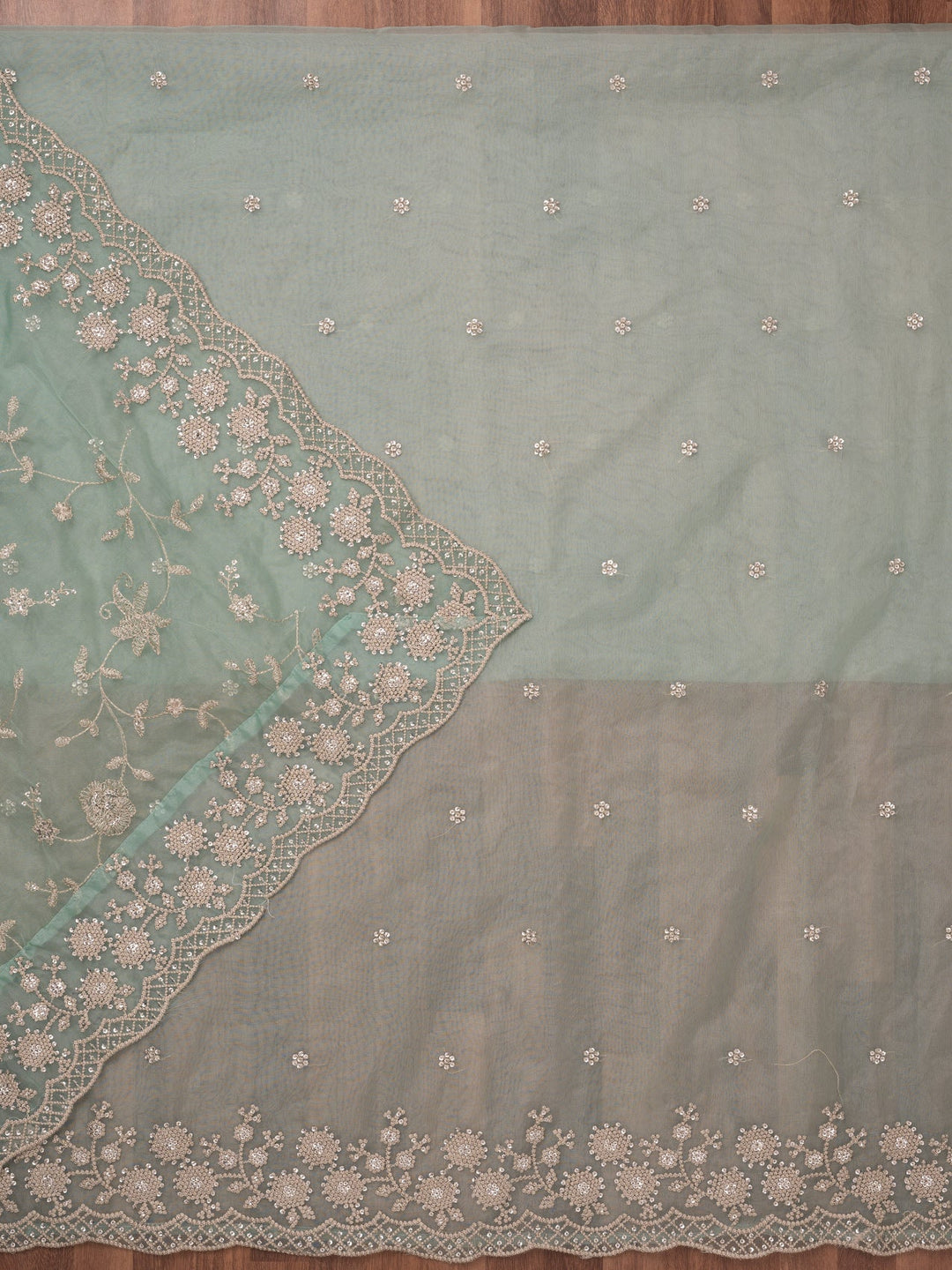 Sea Green Threadwork Tissue Unstitched Salwar Suit-Koskii