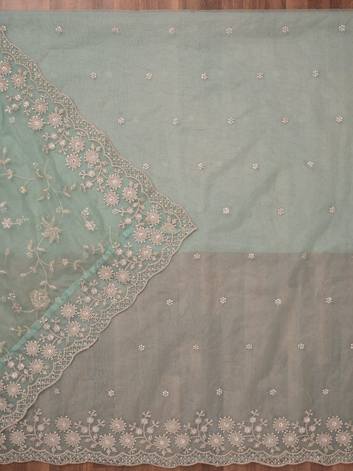 Sea Green Threadwork Tissue Unstitched Salwar Suit-Koskii