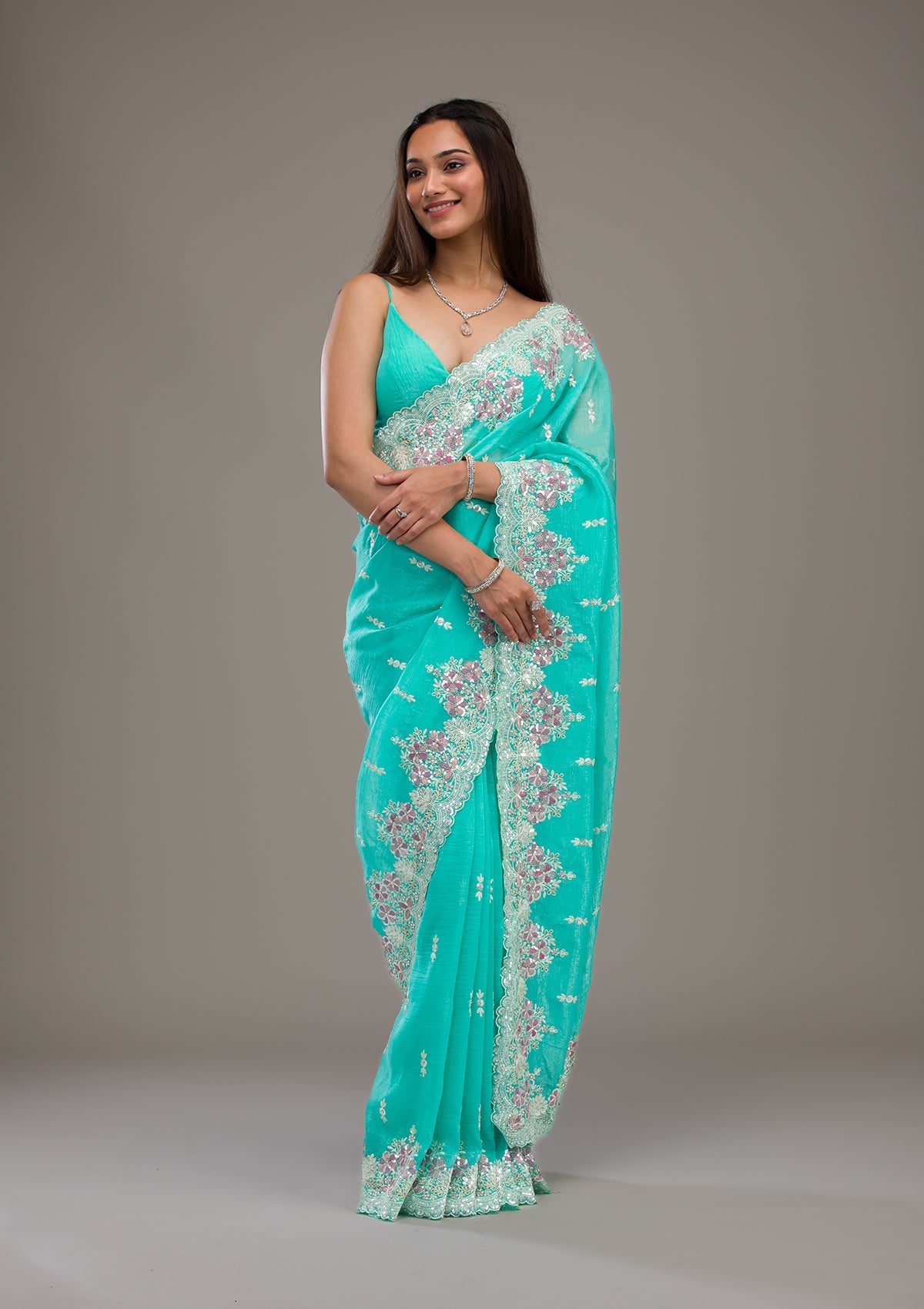 Sea Green Threadwork Tissue Saree-Koskii