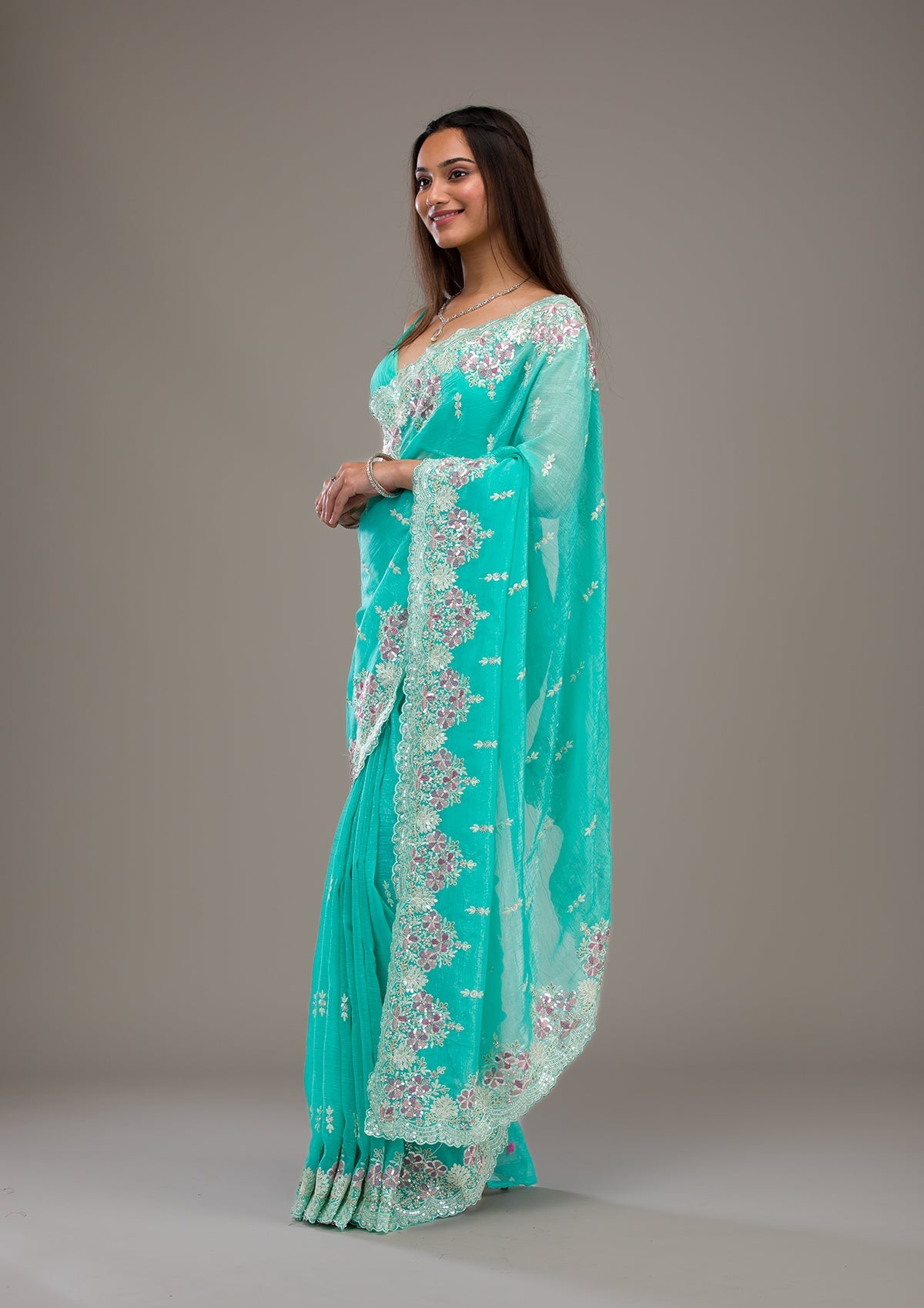 Sea Green Threadwork Tissue Saree-Koskii