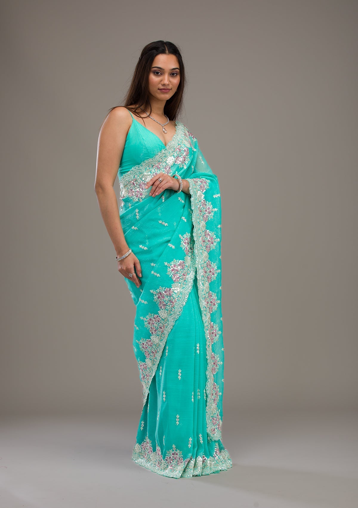 Sea Green Threadwork Tissue Saree-Koskii