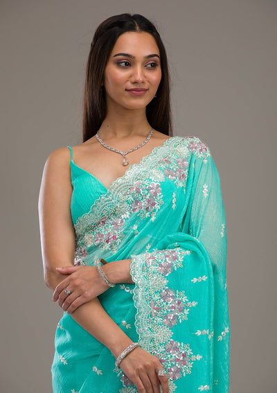 Sea Green Threadwork Tissue Saree-Koskii