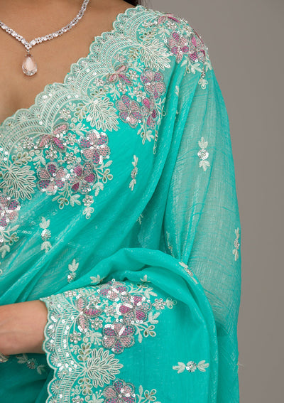 Sea Green Threadwork Tissue Saree-Koskii