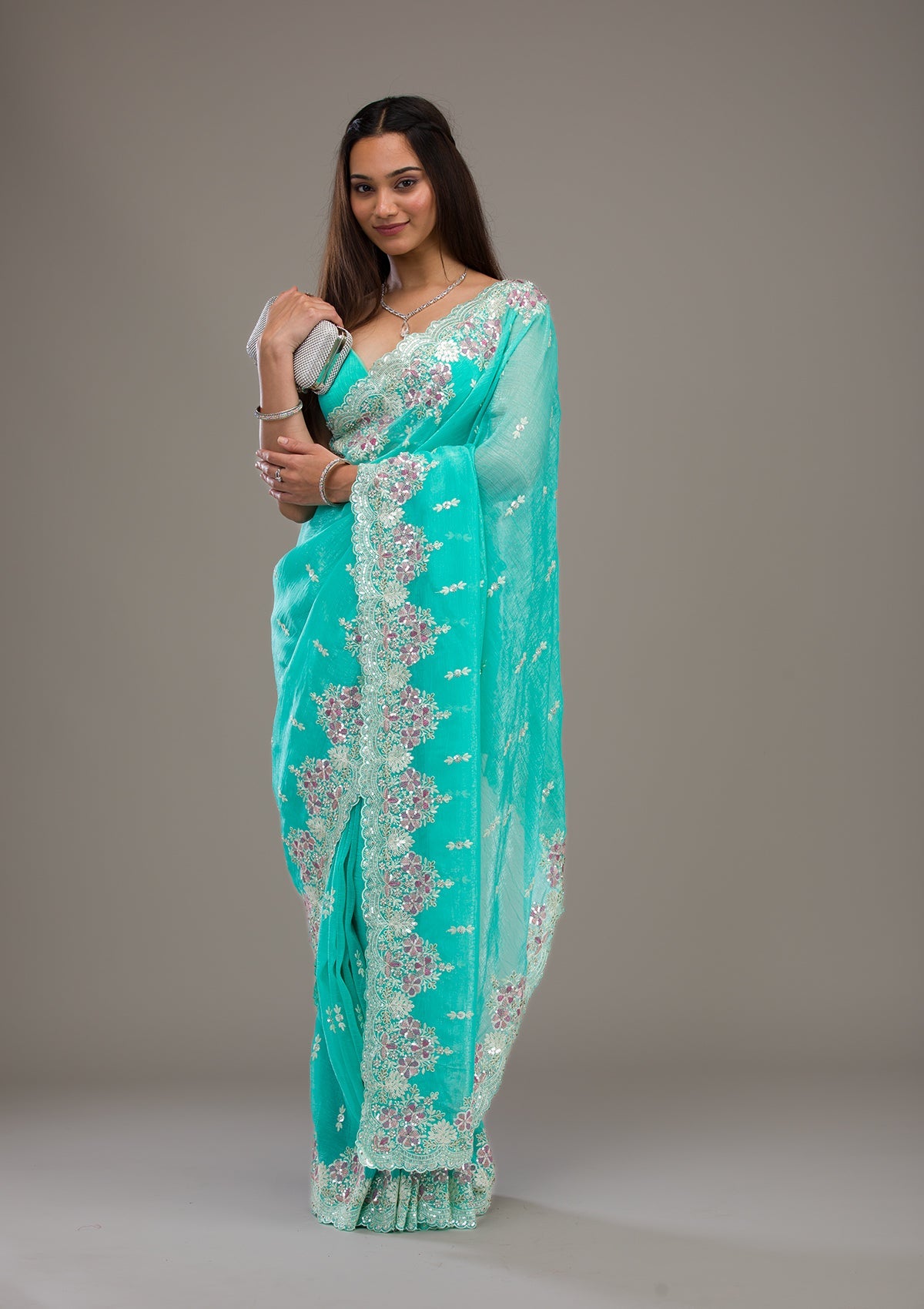 Sea Green Threadwork Tissue Saree-Koskii