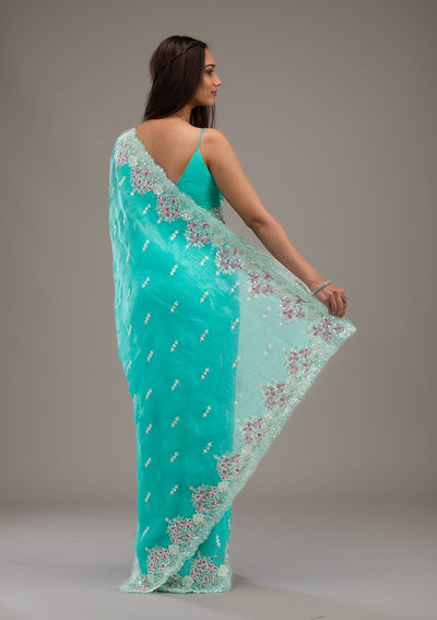 Sea Green Threadwork Tissue Saree-Koskii