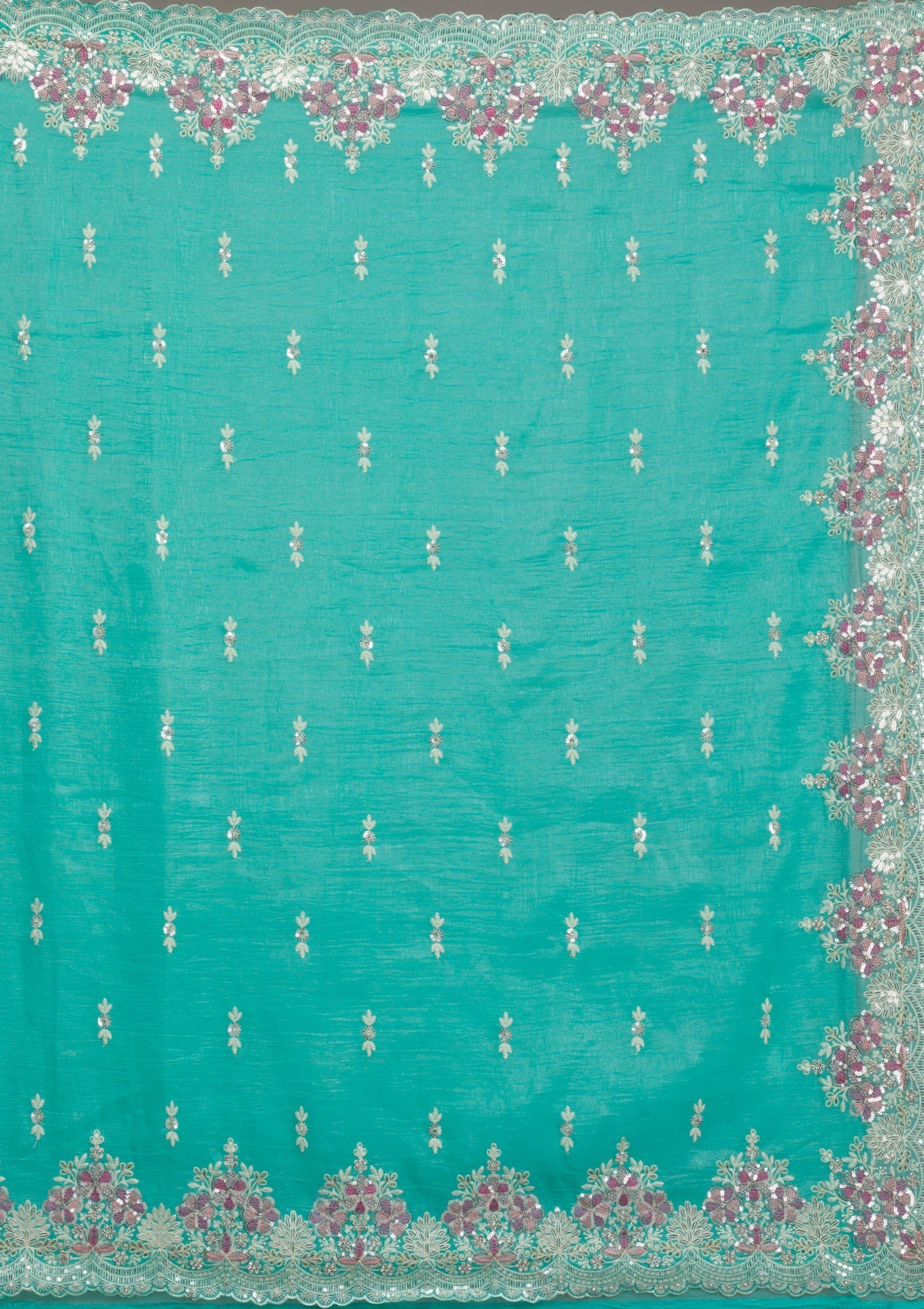 Sea Green Threadwork Tissue Saree-Koskii