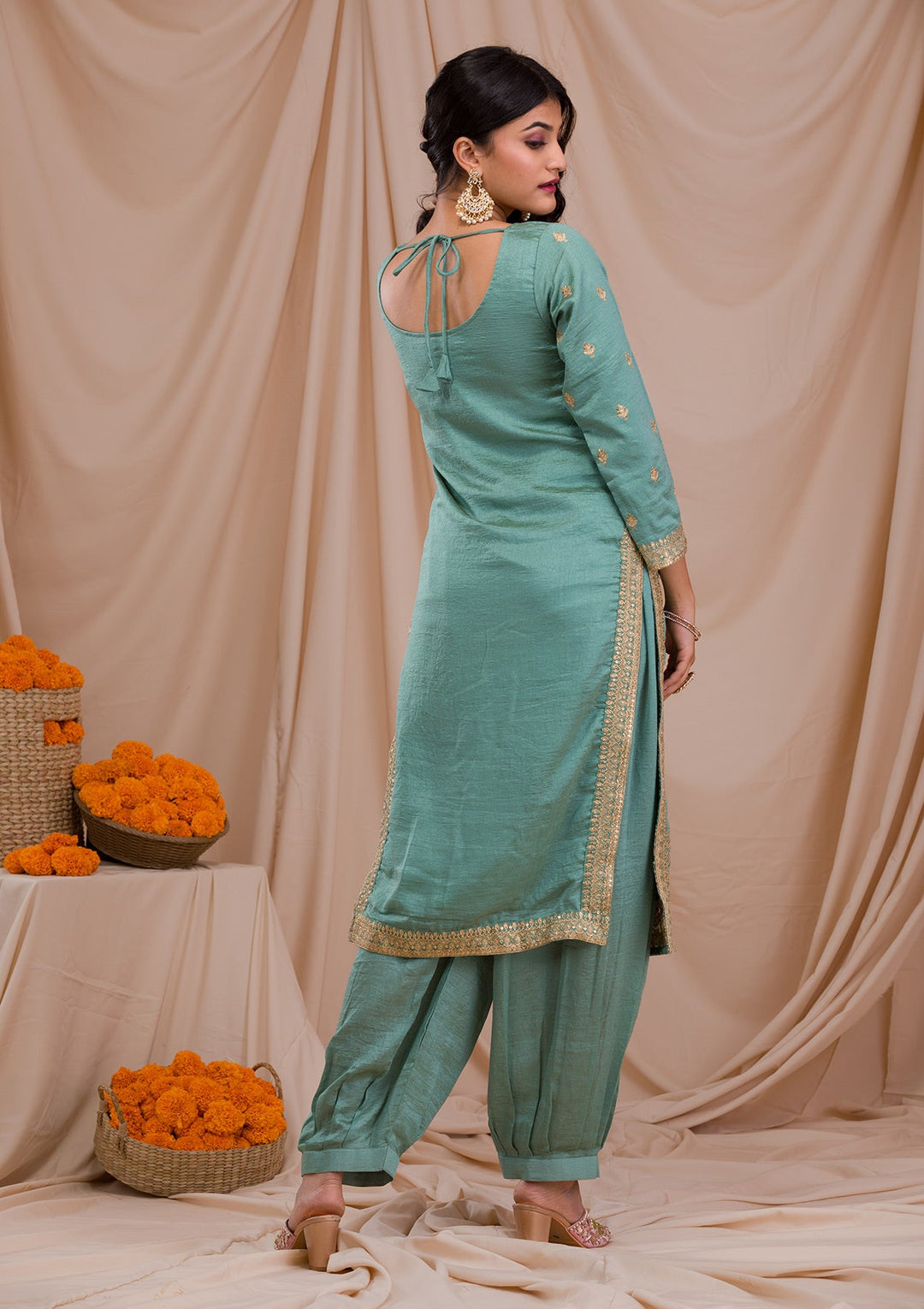 Sea Green Zariwork Art Silk Readymade Salwar Suit-Koskii