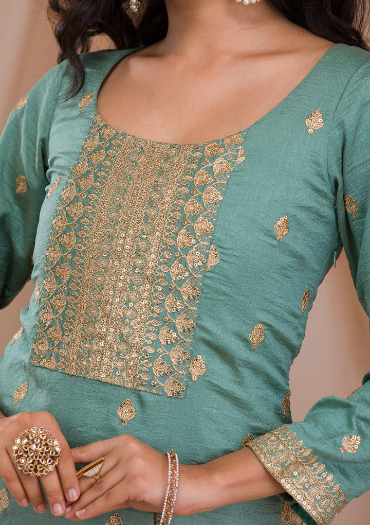 Sea Green Zariwork Art Silk Readymade Salwar Suit-Koskii