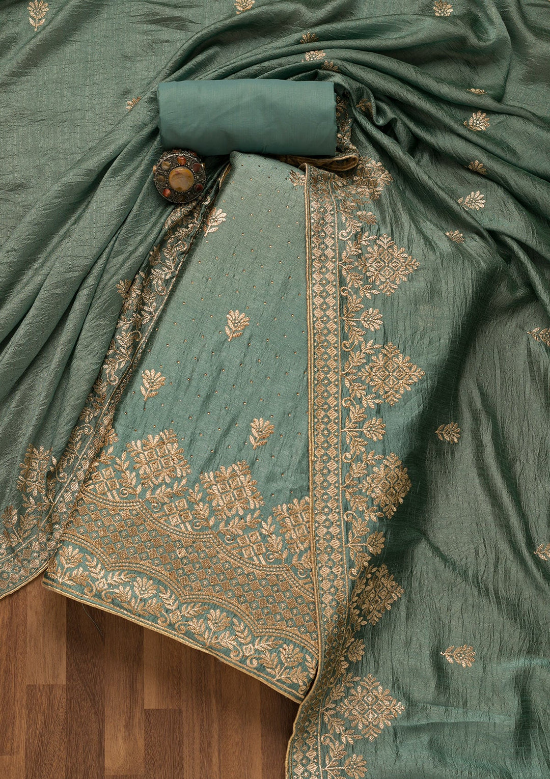Sea Green Zariwork Art Silk Unstitched Salwar Suit-Koskii