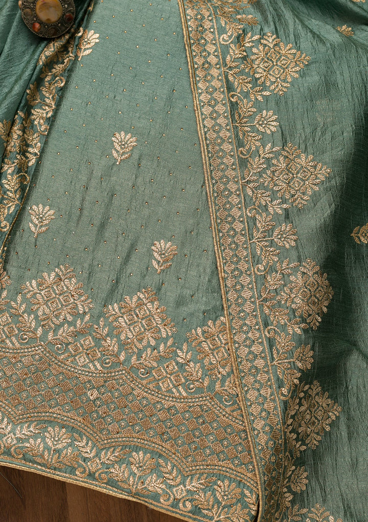 Sea Green Zariwork Art Silk Unstitched Salwar Suit-Koskii