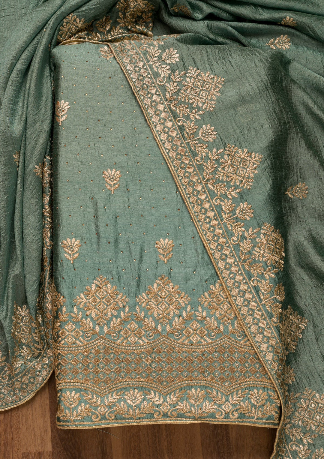 Sea Green Zariwork Art Silk Unstitched Salwar Suit-Koskii