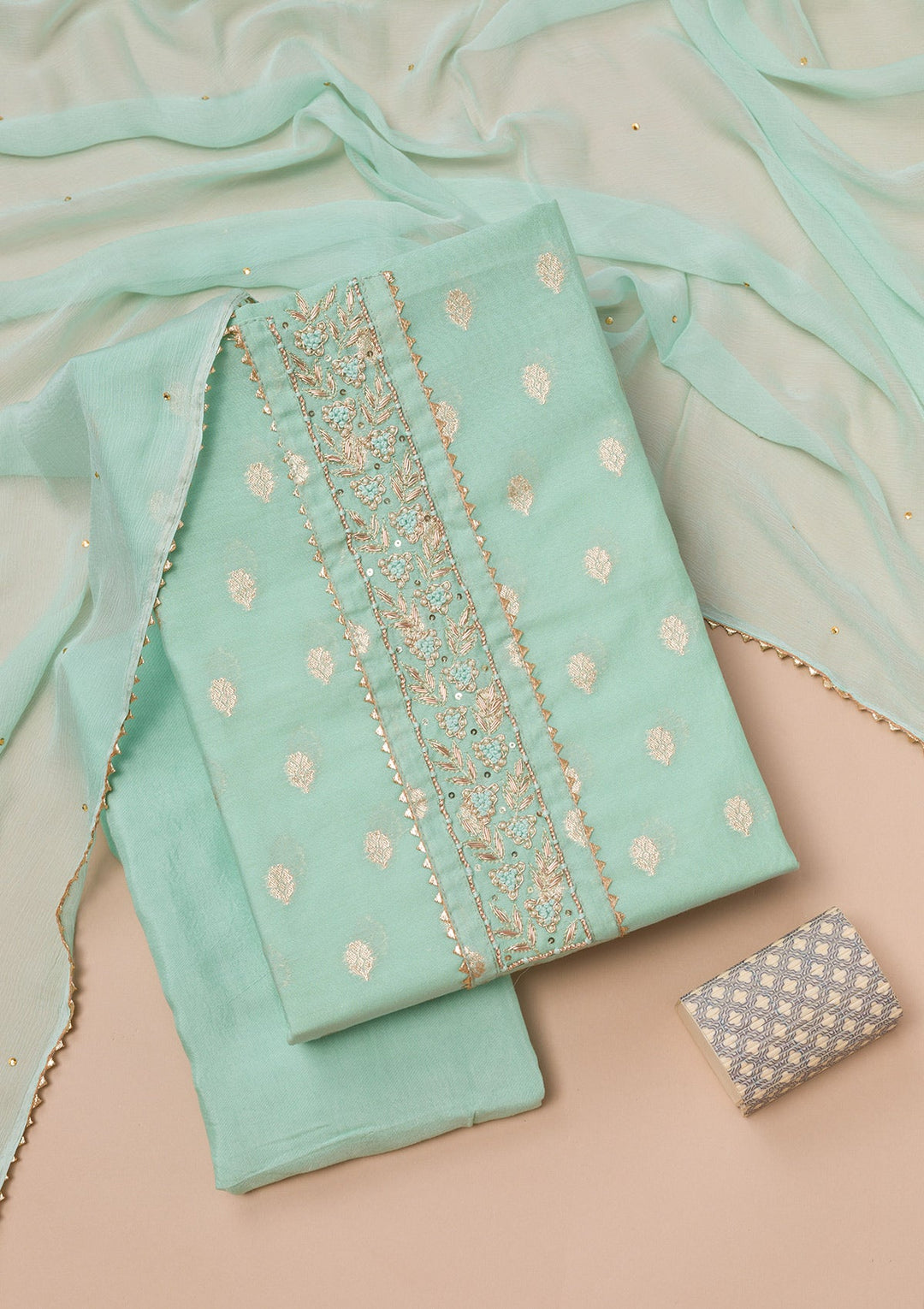 Sea Green Zariwork Art Silk Unstitched Salwar Suit-Koskii