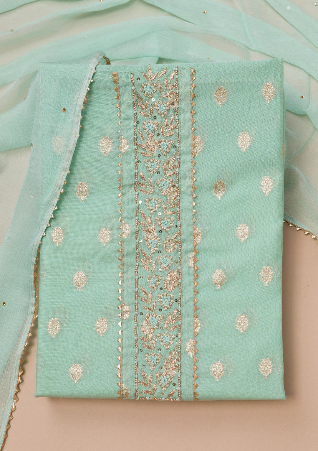 Sea Green Zariwork Art Silk Unstitched Salwar Suit-Koskii