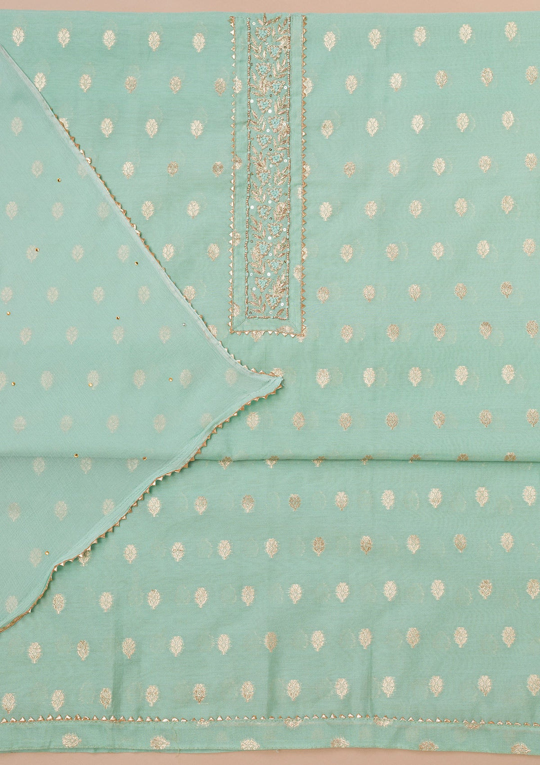 Sea Green Zariwork Art Silk Unstitched Salwar Suit-Koskii