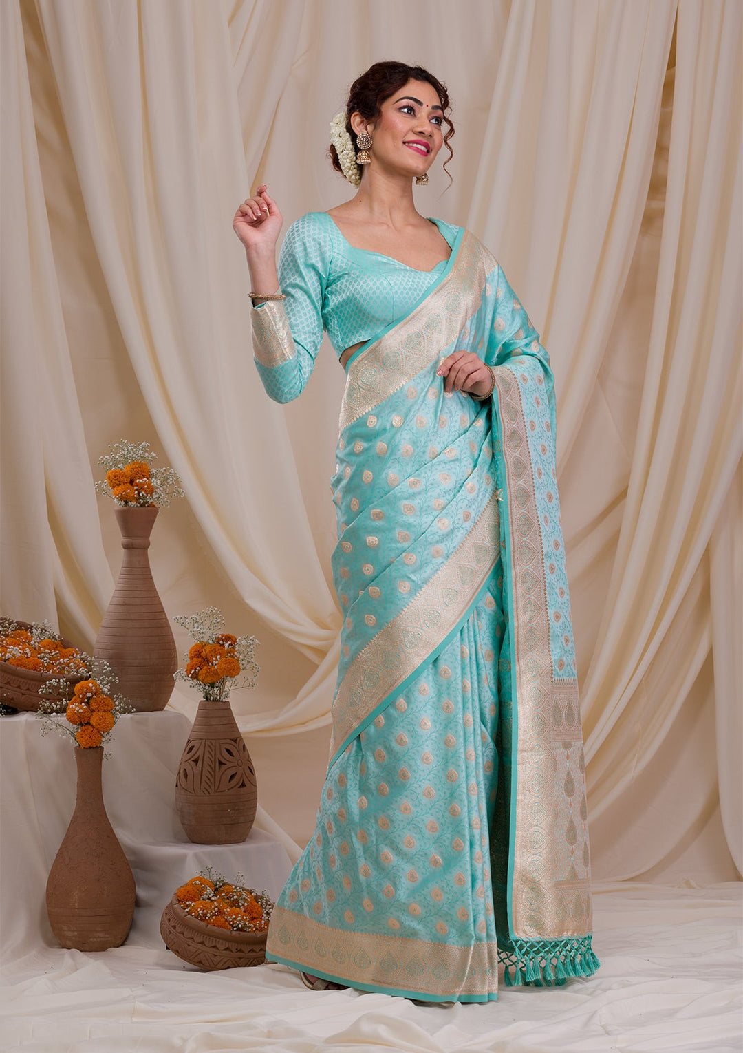 Pista Green Printed Semi Crepe Designer Saree-Koskii