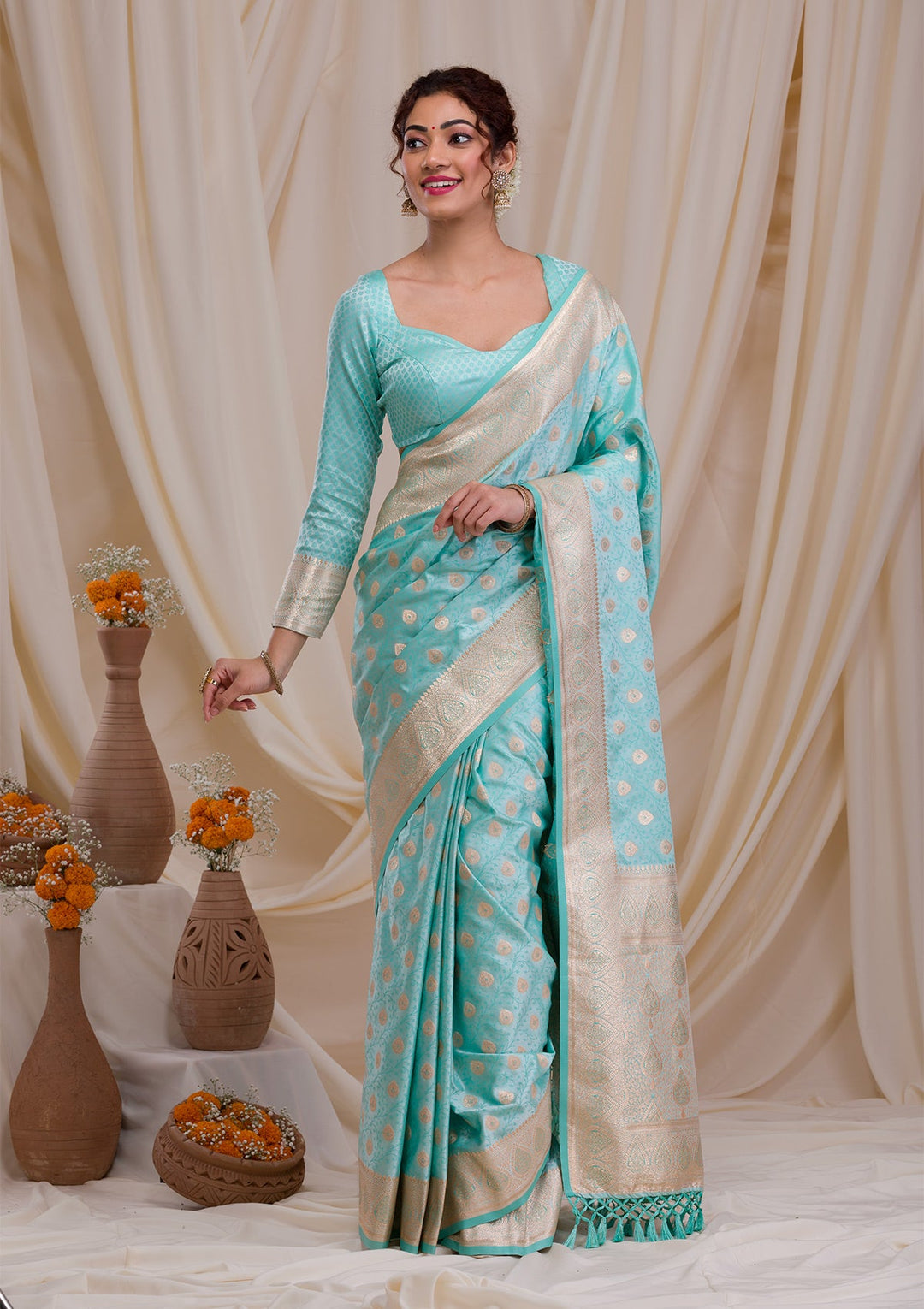 Pista Green Printed Semi Crepe Designer Saree-Koskii
