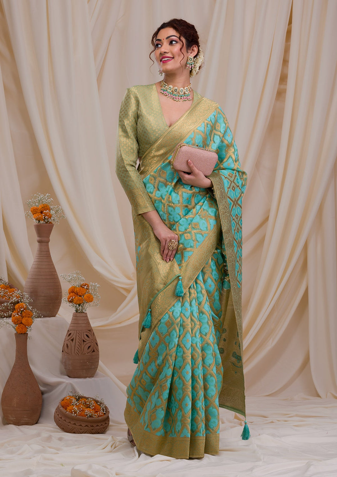 Sea Green Zariwork Banarasi Silk Saree-Koskii