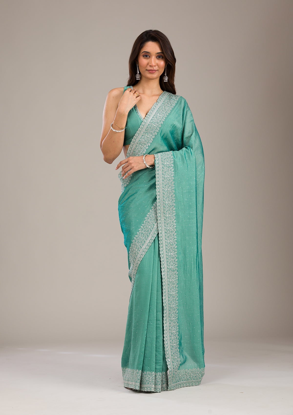 Sea Green Zariwork Soft Silk Saree-Koskii