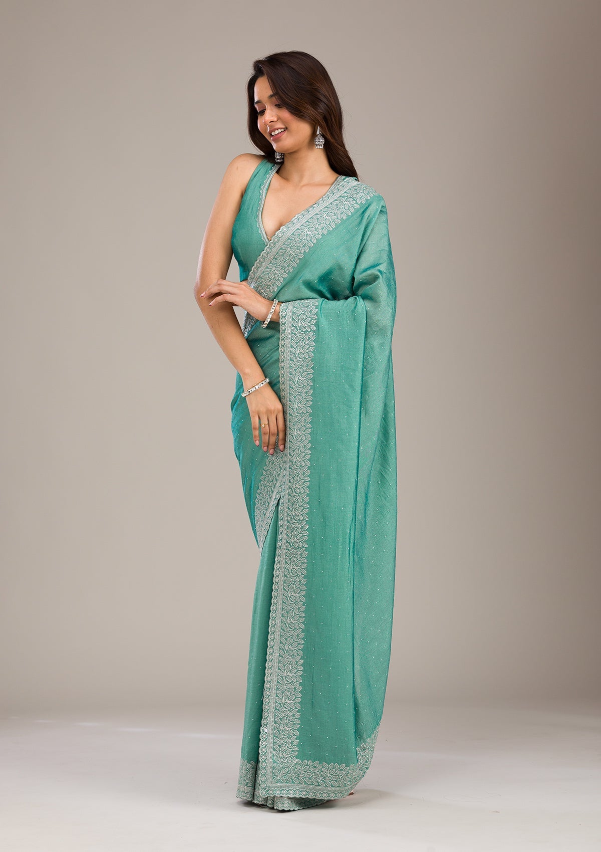 Sea Green Zariwork Soft Silk Saree-Koskii