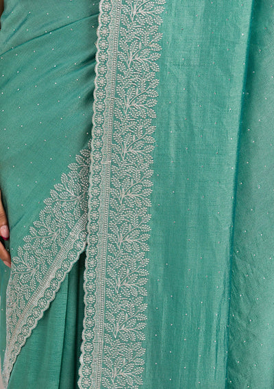 Sea Green Zariwork Soft Silk Saree-Koskii