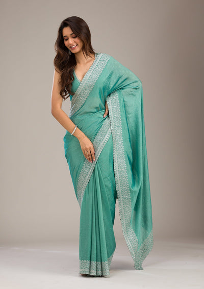 Sea Green Zariwork Soft Silk Saree-Koskii