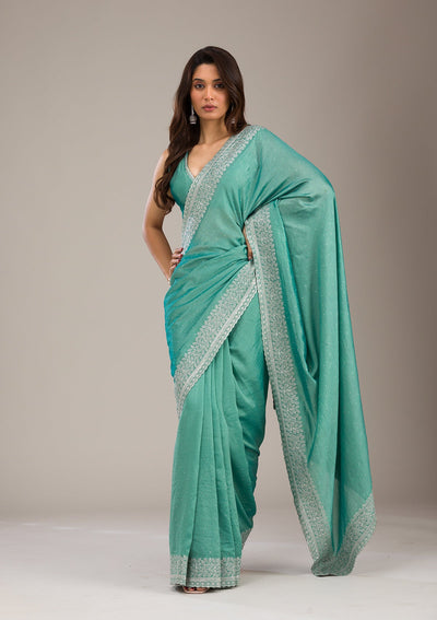 Sea Green Zariwork Soft Silk Saree-Koskii