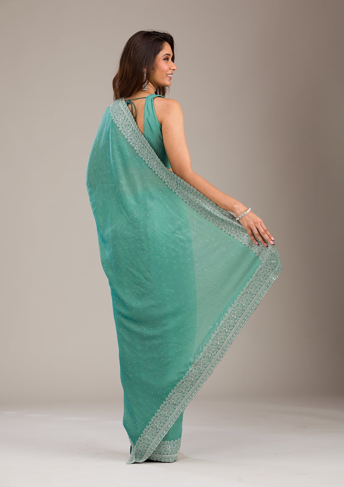 Sea Green Zariwork Soft Silk Saree-Koskii