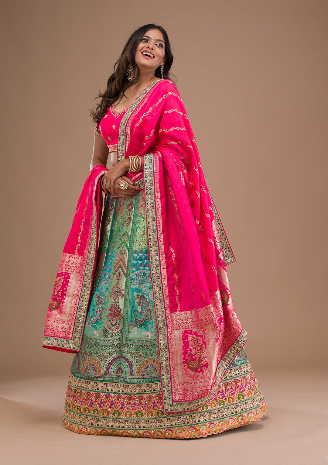 Sea Green Zariwork Banarasi Readymade Lehenga-Koskii
