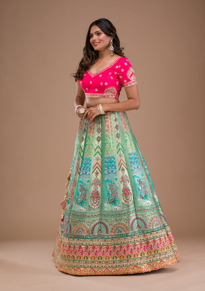 Sea Green Zariwork Banarasi Readymade Lehenga-Koskii