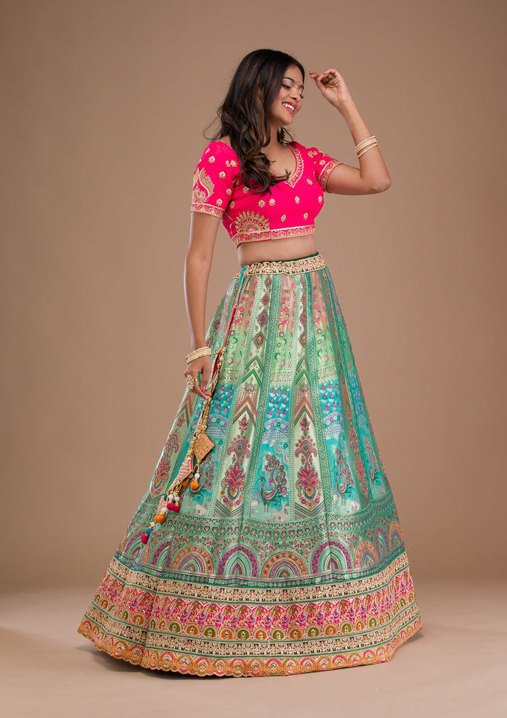 Sea Green Zariwork Banarasi Readymade Lehenga-Koskii