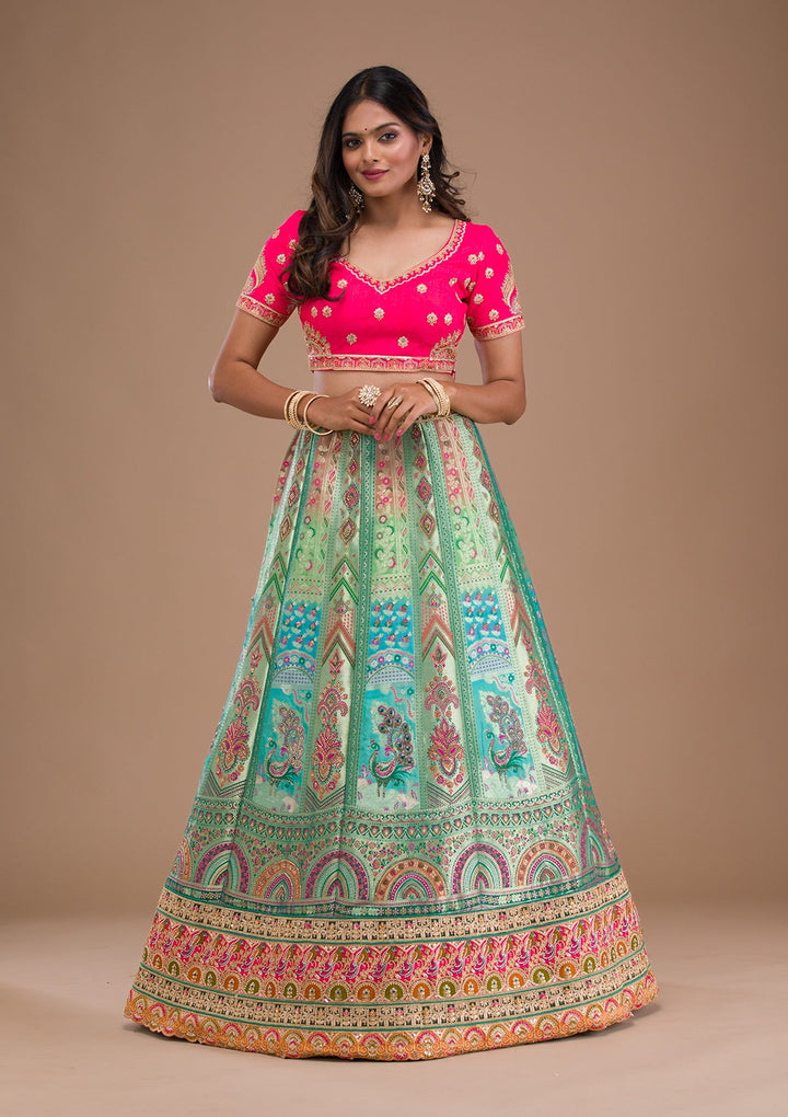 Sea Green Zariwork Banarasi Readymade Lehenga-Koskii