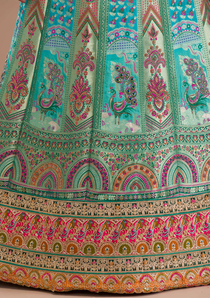 Sea Green Zariwork Banarasi Readymade Lehenga-Koskii