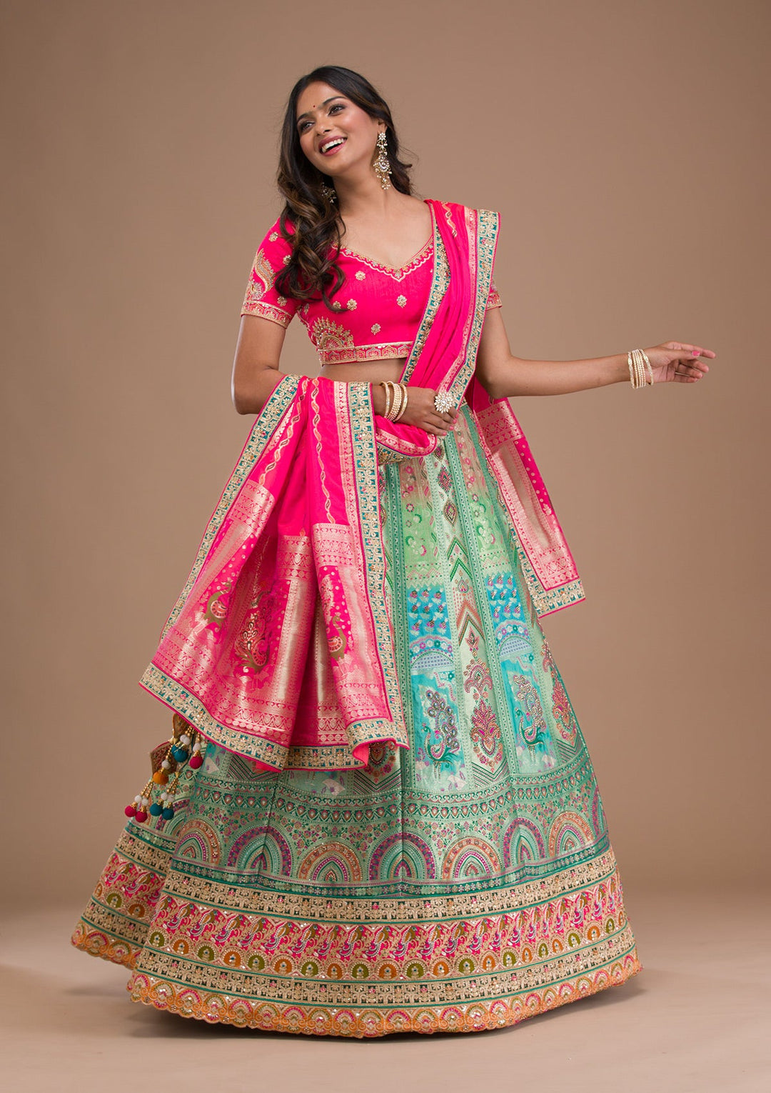 Sea Green Zariwork Banarasi Readymade Lehenga-Koskii