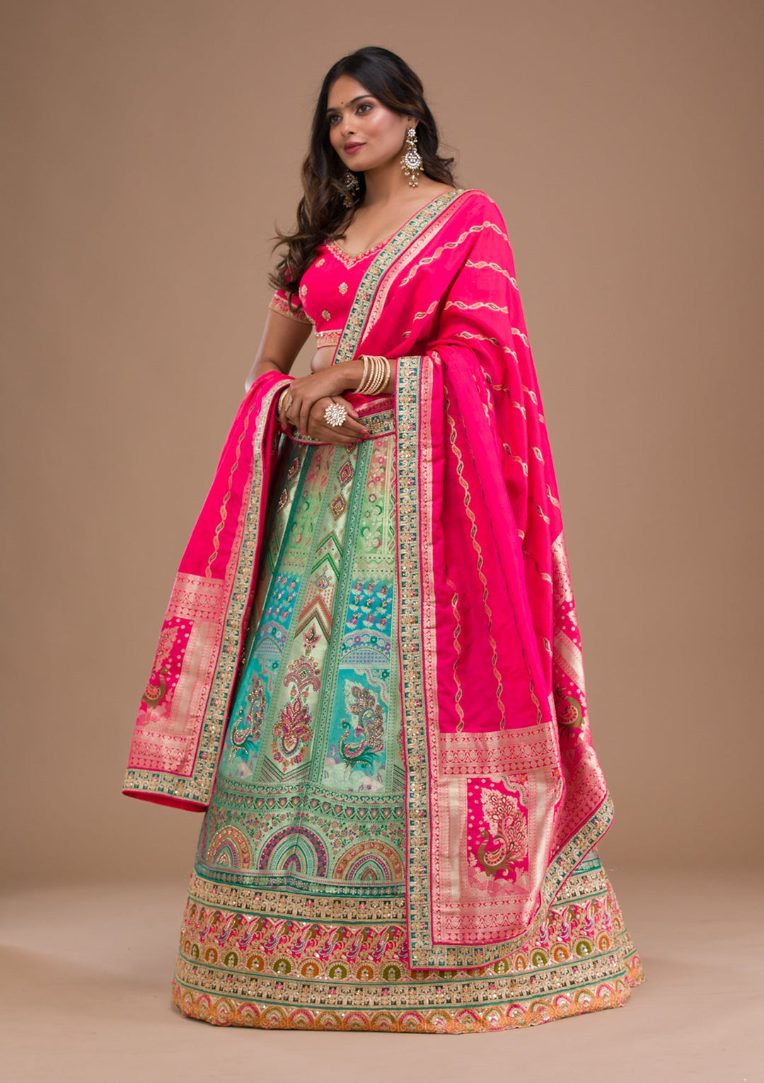 Sea Green Zariwork Banarasi Readymade Lehenga-Koskii