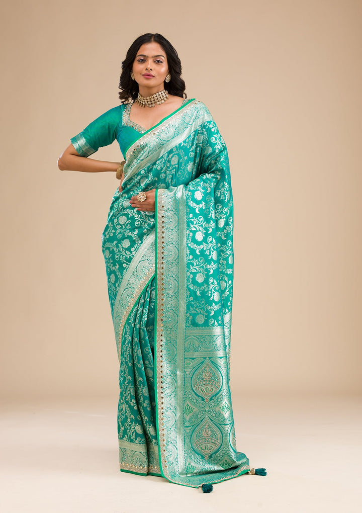Sea Green Zariwork Banarasi Silk Saree-Koskii