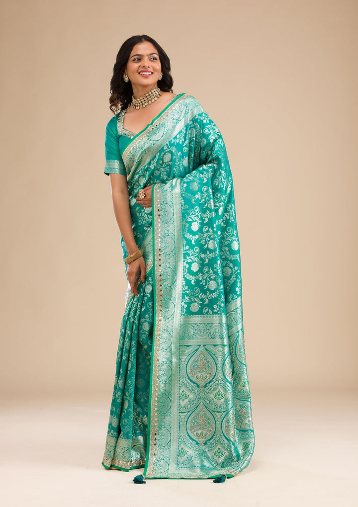 Sea Green Zariwork Banarasi Silk Saree-Koskii
