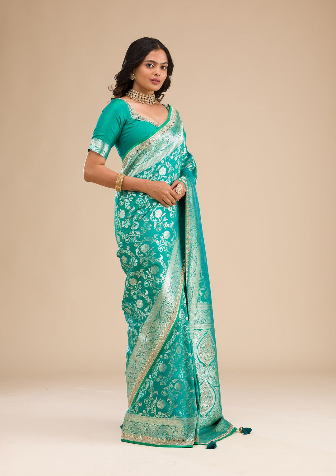 Sea Green Zariwork Banarasi Silk Saree-Koskii