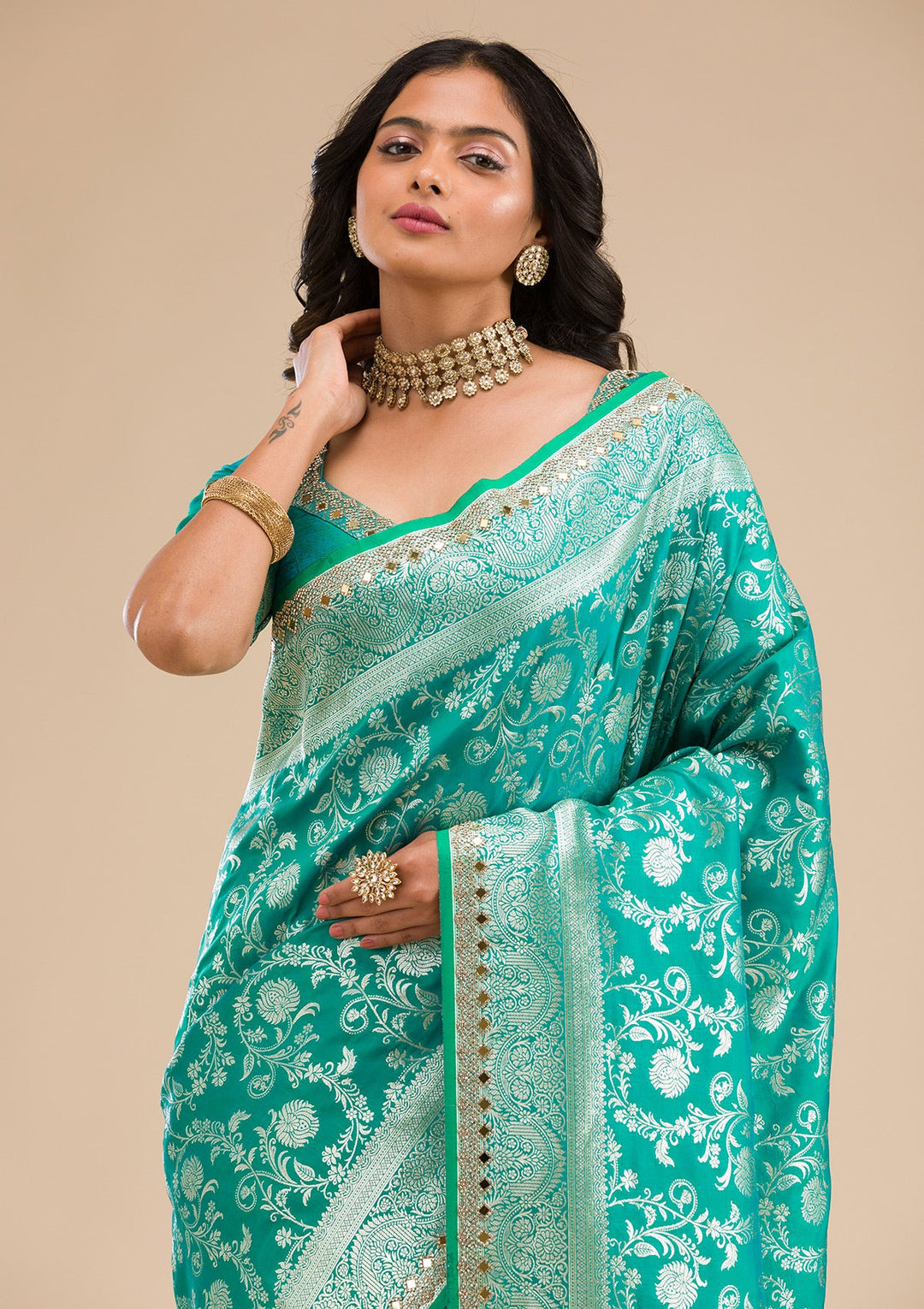 Sea Green Zariwork Banarasi Silk Saree-Koskii