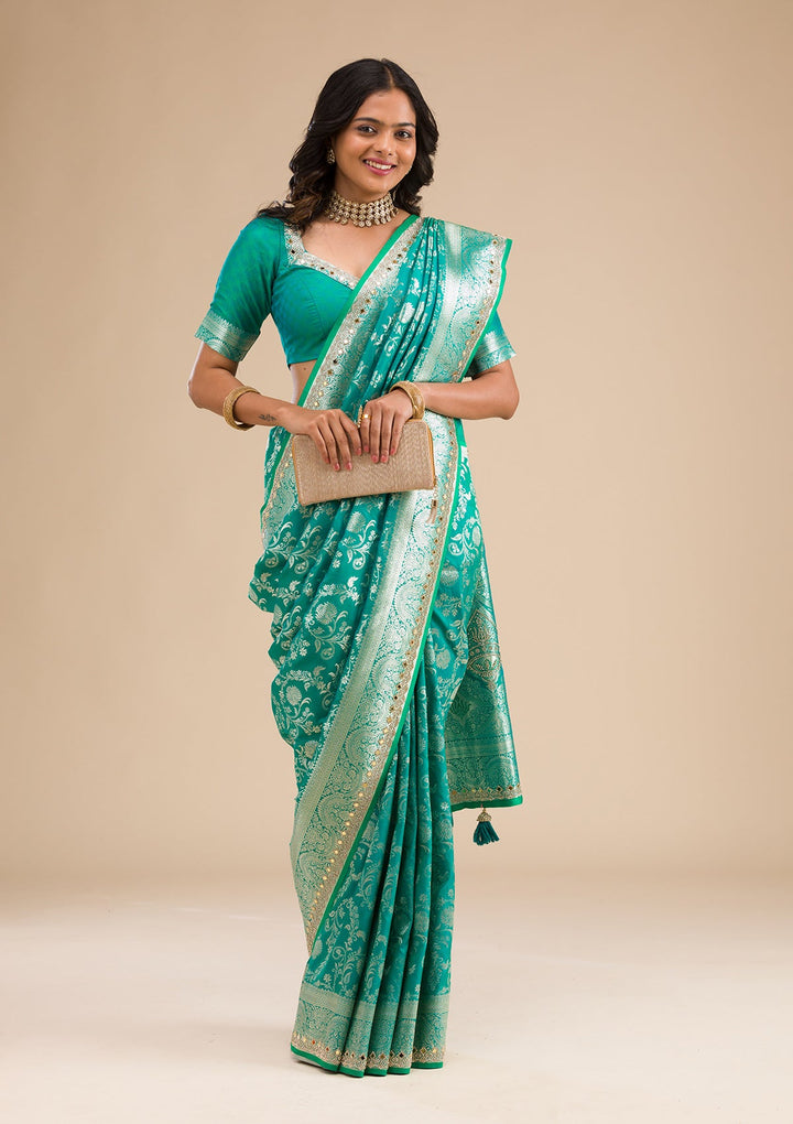 Sea Green Zariwork Banarasi Silk Saree-Koskii
