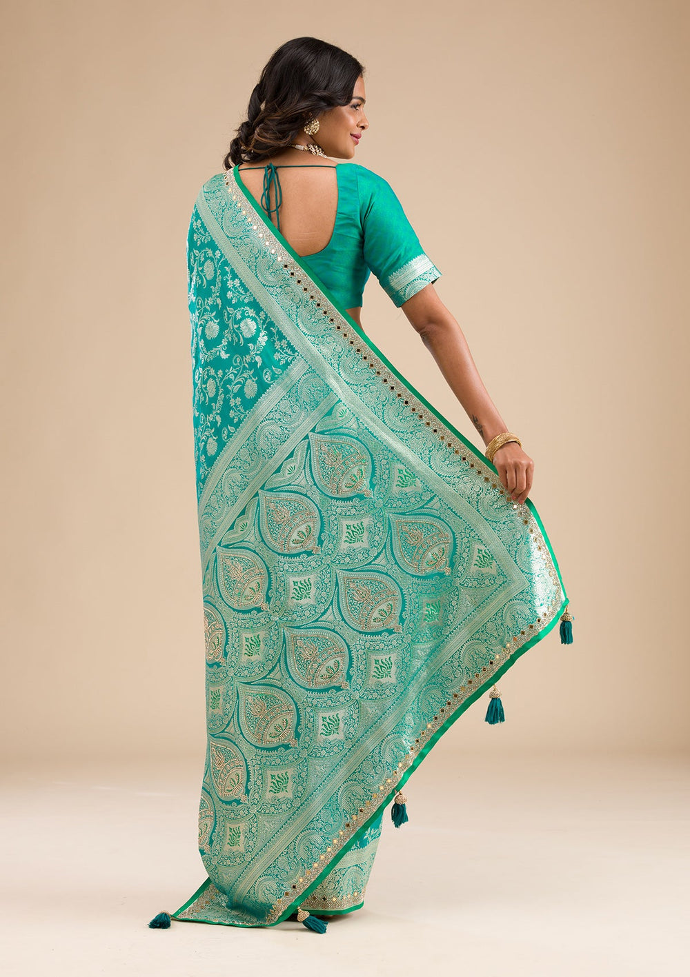 Sea Green Zariwork Banarasi Silk Saree-Koskii