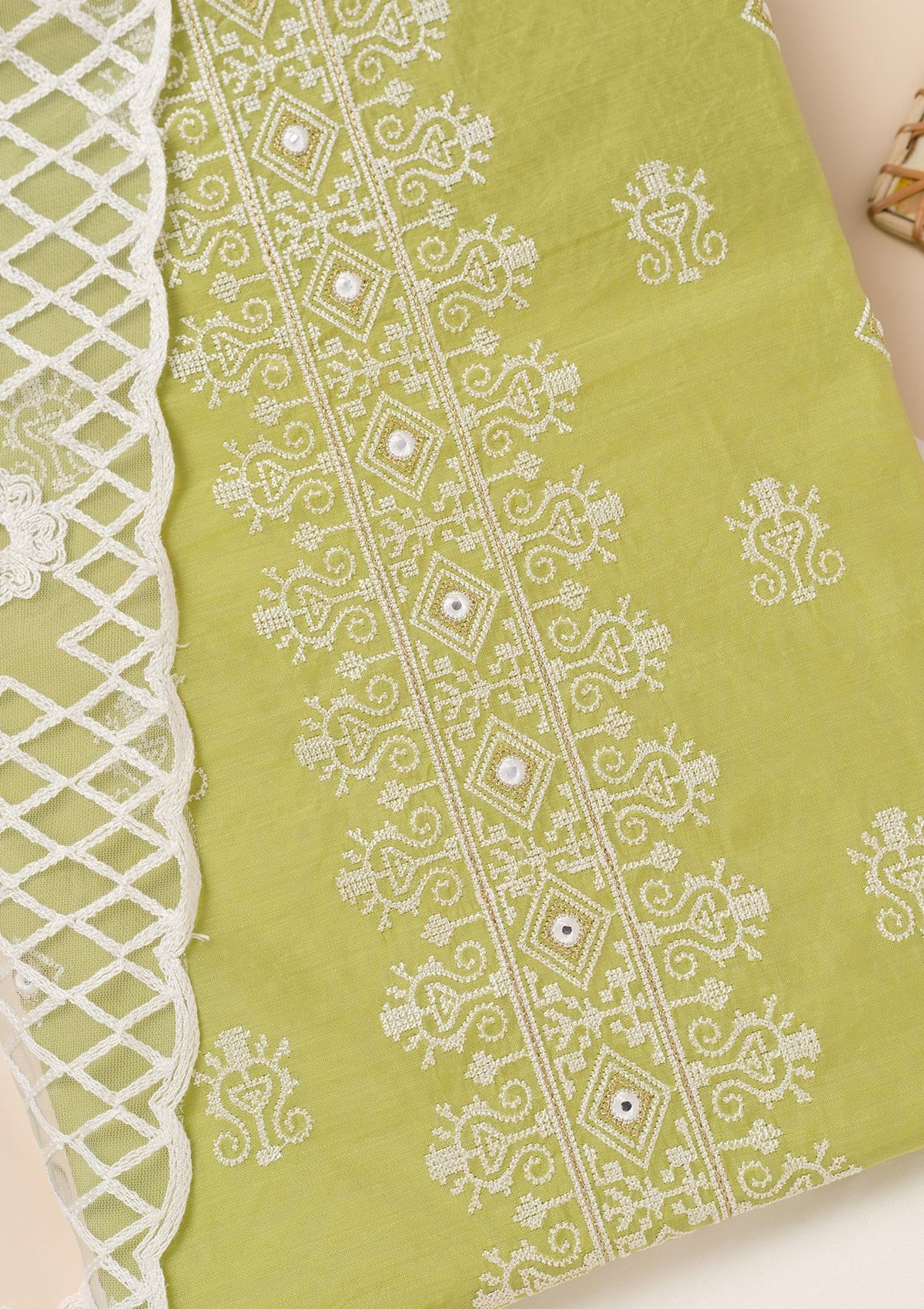 Leaf Green Zariwork Chanderi Unstitched Salwar Suit-Koskii