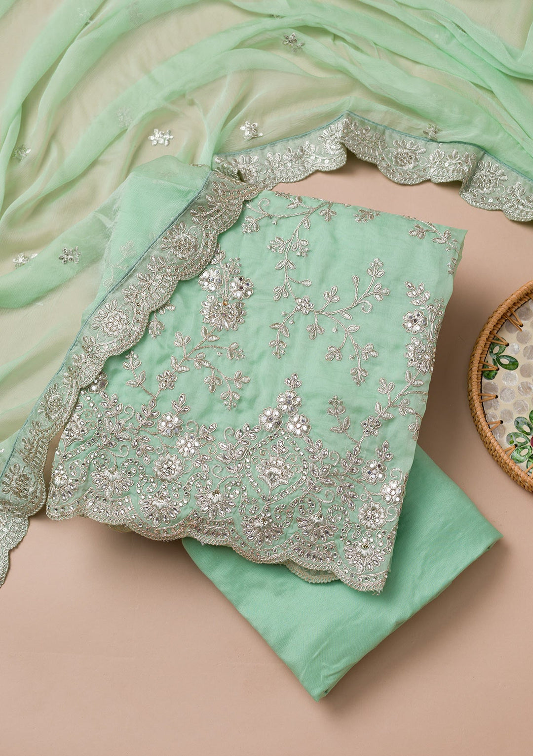 Sea Green Zariwork Crepe Unstitched Salwar Suit-Koskii